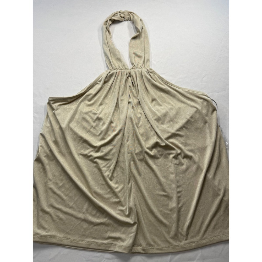 Women Champagne Gold Metallic Halter Top Pleated Shimmer Sleeveless Blouse XL